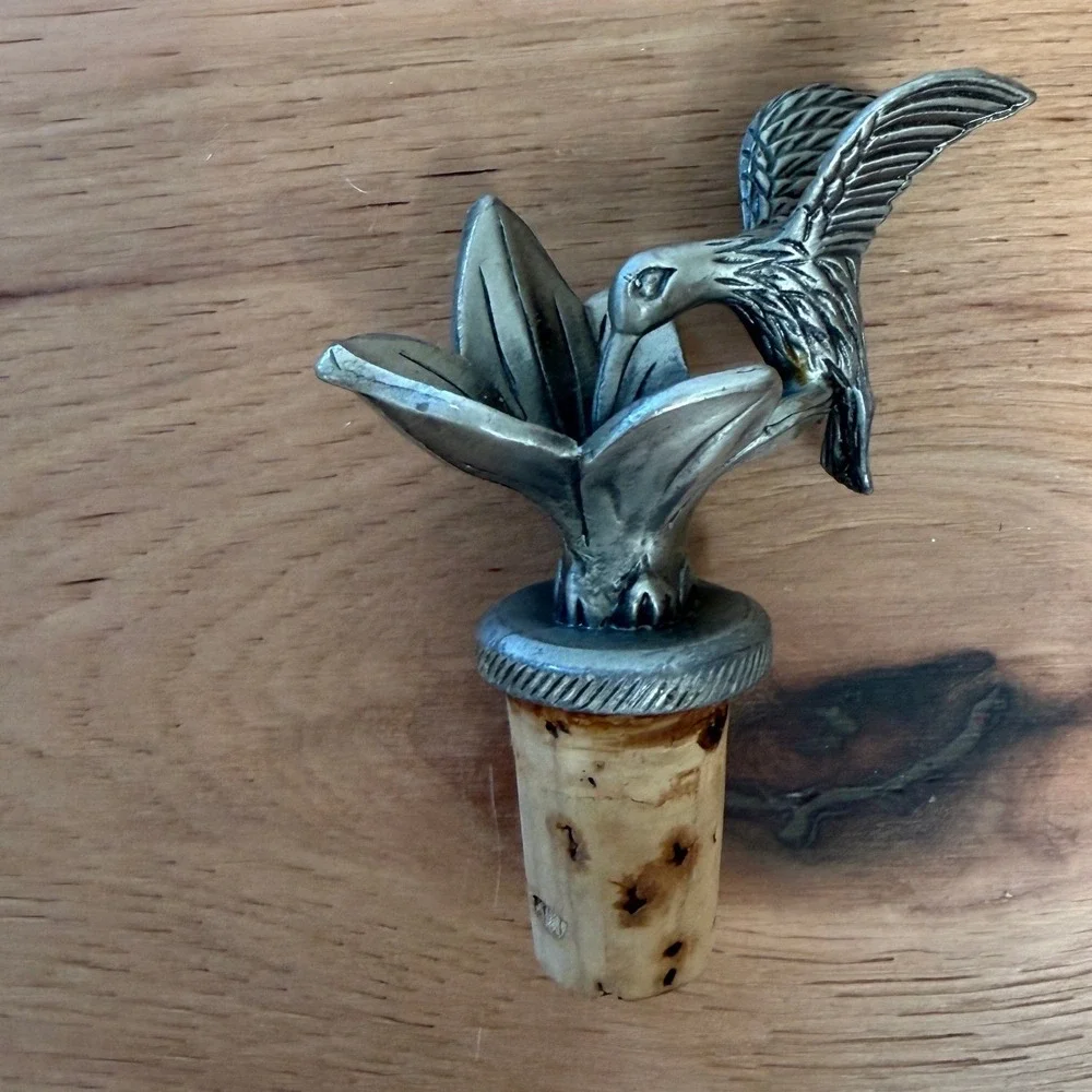 Hummingbird Wine Bottle Stopper Pewter Gray Figural Cork Nature cottagecore